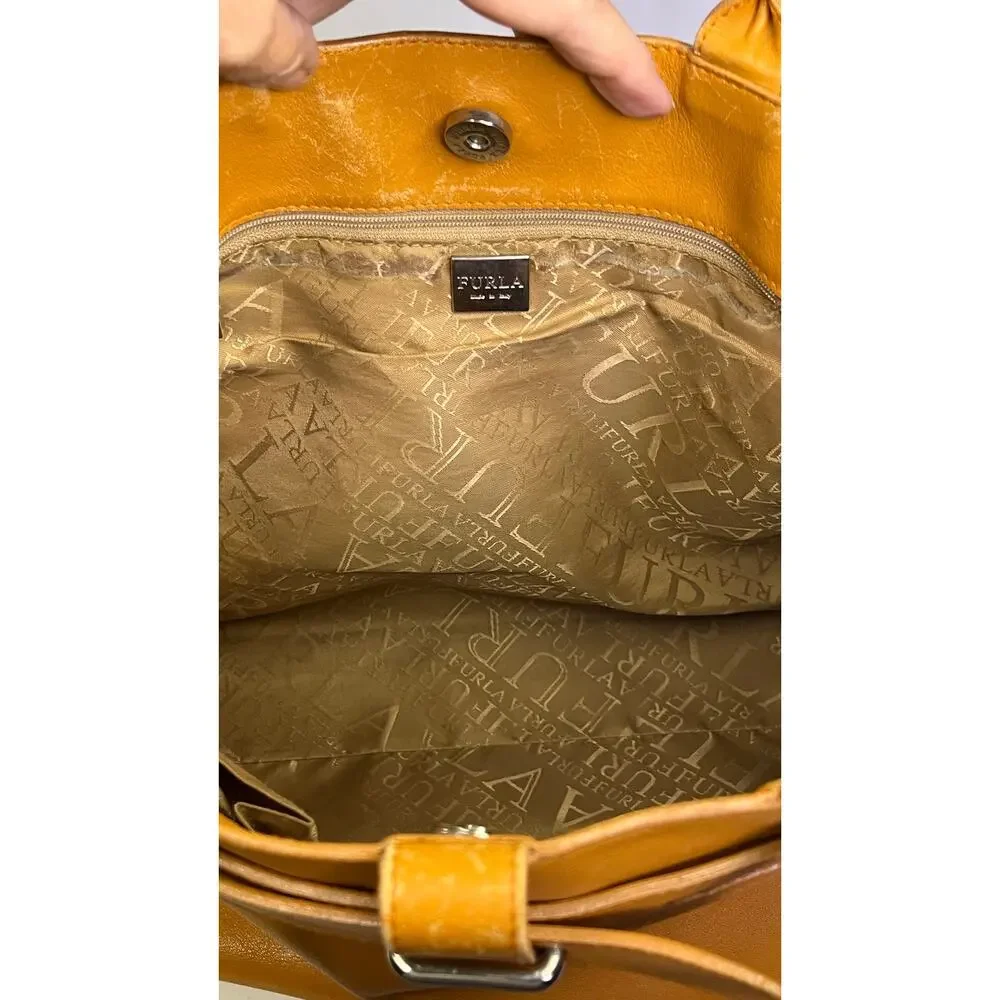 Furla Vintage Greta Tan Leather Large Tote Bag Satchel Made in Italy Mustard